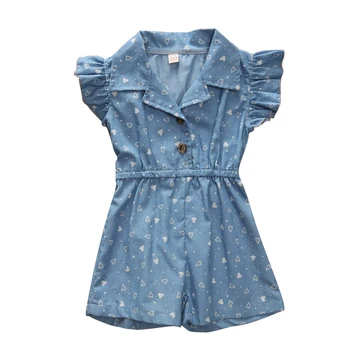 

2020 Kids Baby Girl Rompers Little Heart Print Ruffle Sleeve Denim Romper Turn-down Collar Jumpsuit Overalls Button Rompers
