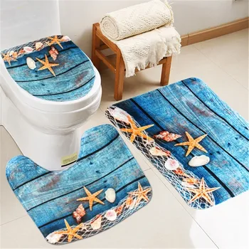 

4pcs Bath Mat Set Beach Starfish Decoration Shells Pebbles Pattern Bathroom Rug Anti Slip Toilet Lid Mat Set Bathroom Products