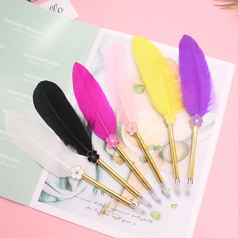 

New Metal Feather Gel Pen Creative Retro Student Gift Black Signature Pen Hair Ball Bow Cherry Blossom Feather Pen
