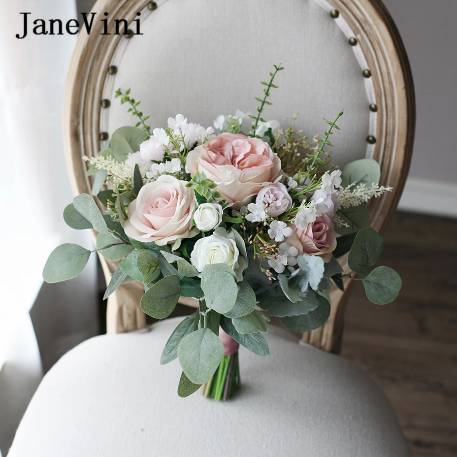 JaneVini 2020 Romantic European Style Vintage Pink Wedding Holding Flowers Artificial Bridal Bouquets Wedding Brooch Accessories