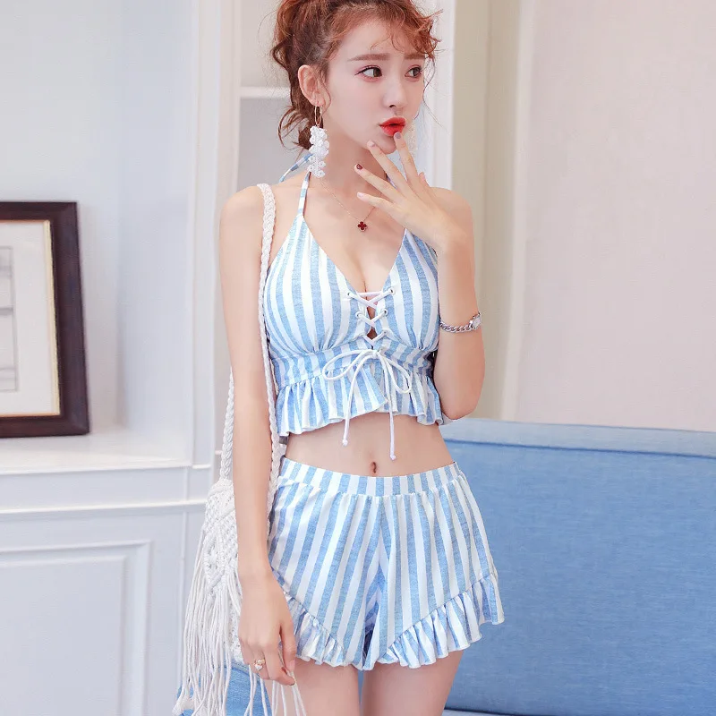 

New Style South Korea Hipster-Bandage Cloth Cowboy Stripes Boxer Bikini Three-piece Set Slim Fit Slimming Bathing Suit Women's