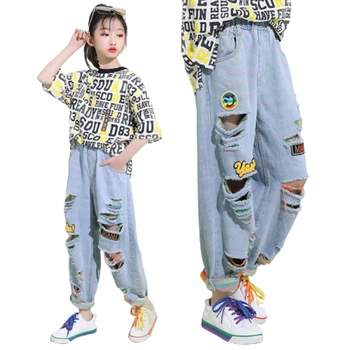 

JXYSY 2020 New fashion autumn Tide Casual Broken Hole Elastic Waist Denim Pants Kids Jeans For Girls Boys Loose Ripped Jeans