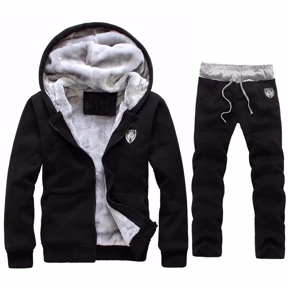 Mens Tracksuit Warm Fleece Sport Hooded Sweatshirt Coat Hoodies+Pants Men Jacket+Pant Warm Fur Inside Winter Sweatshirt 10.18