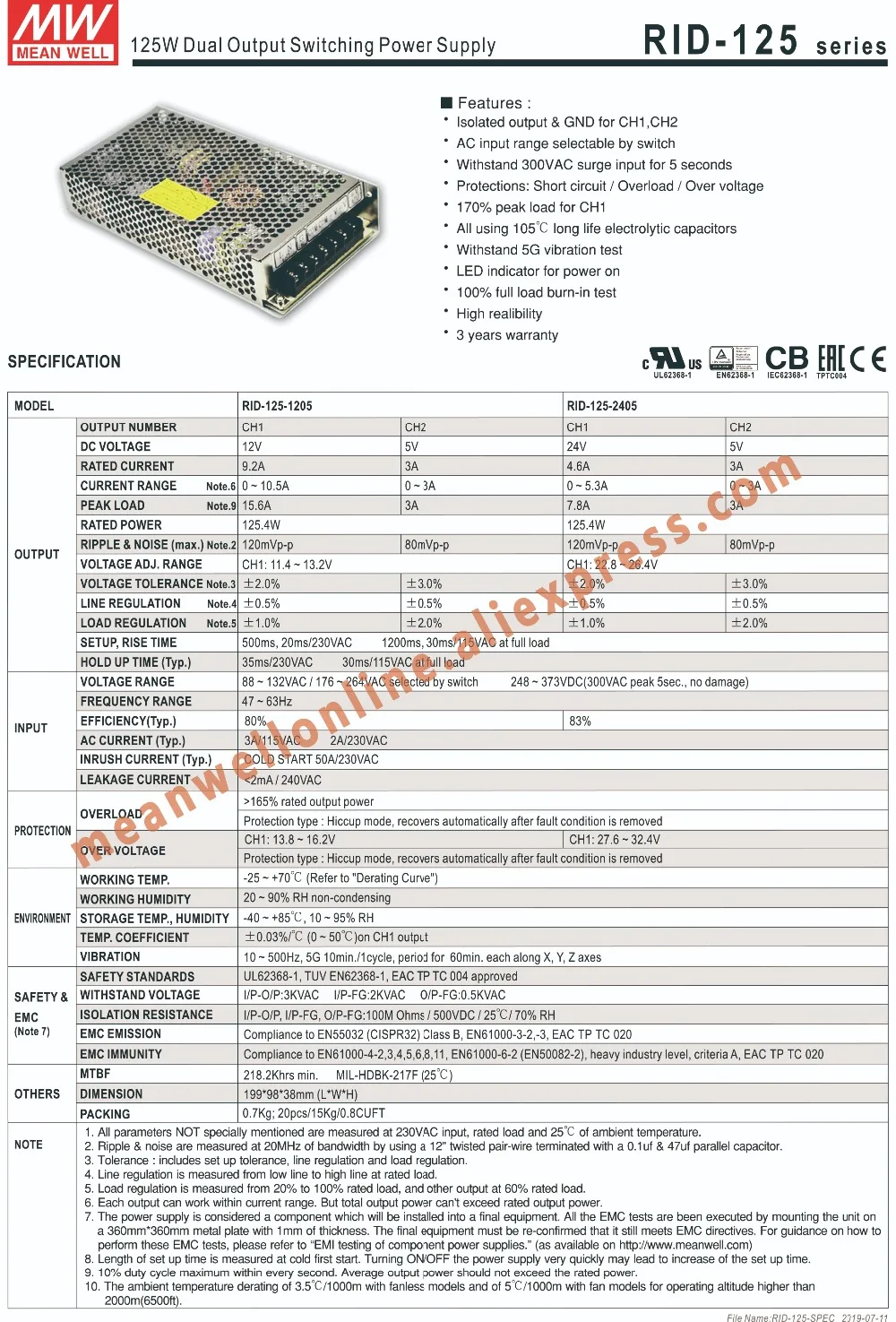 Бренд Mean Well представляет Рид-125-2405 AC/DC 125,4 W 24 V/5 V двойной Выход переключение Питание meanwell Интернет-магазин