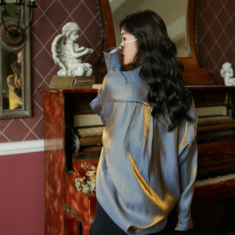 Cheerart шифоновая рубашка с длинным рукавом Блузка Женская Блестящая Свободная верхняя уличная Осенняя рубашка на пуговицах женская одежда