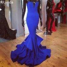 Изготовленное на заказ вечернее платье с высоким разрезом атласное Королевское синее платье на тонких бретелях милое длинное вечернее платье