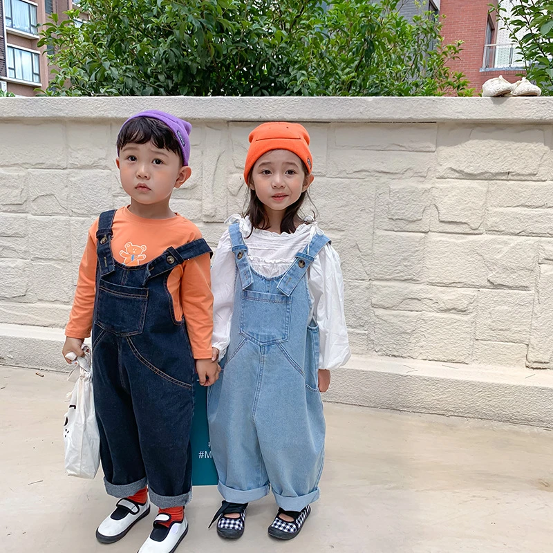 Peto vaquero de estilo coreano niños y niñas, pantalones vaqueros holgados de retales, peto, de 1 a 6 años|Monos| - AliExpress