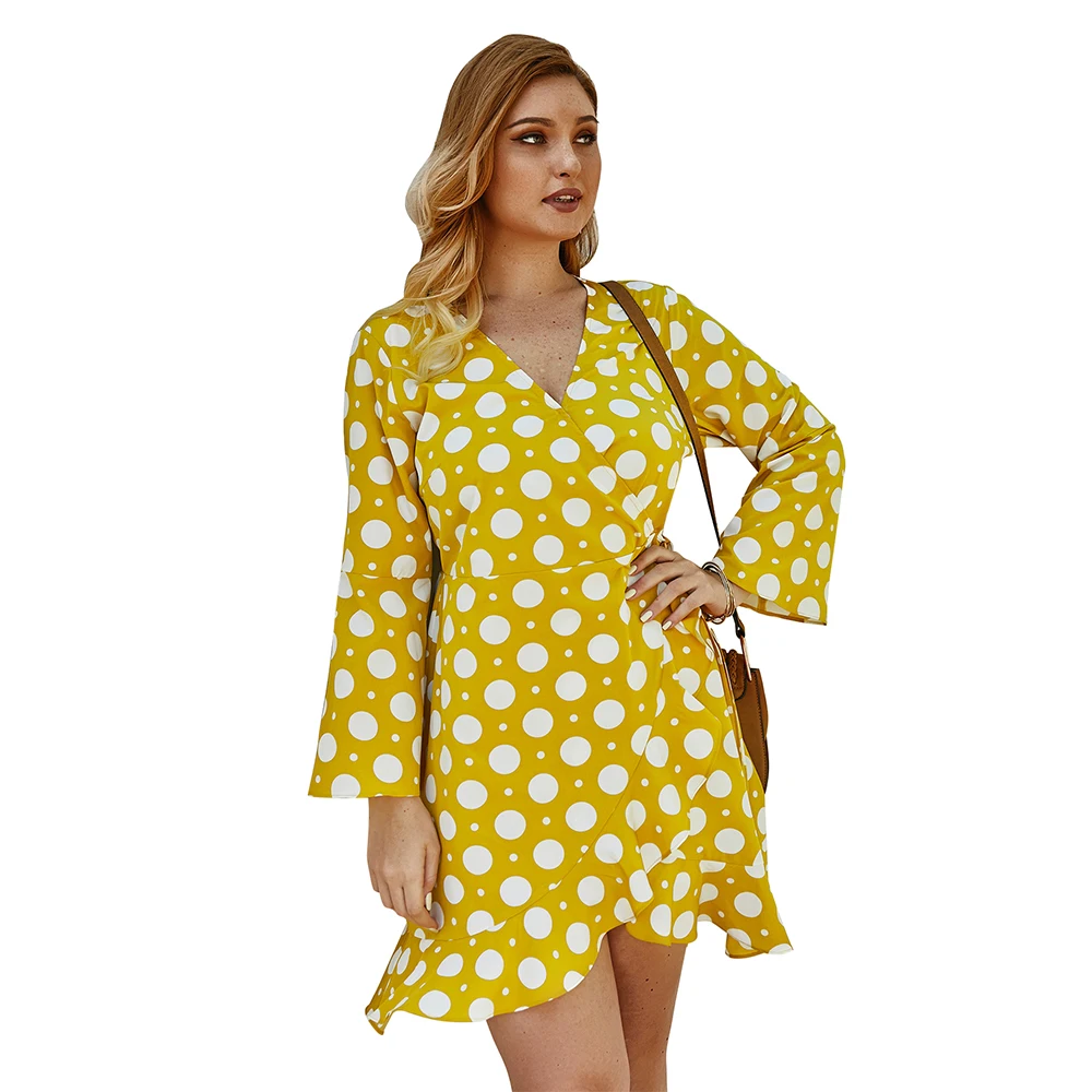 

JVCAKE Women Plus SizeDress Polka Dot Sexy Dress Long Sleeve Dress Woman High Waist Loose V Neck Temperament Commute Summer 2020