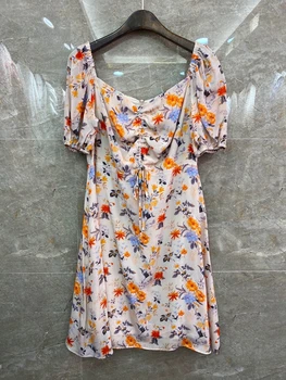 

2020 Spring and Summer New Women's Wide Collar Chest Wrinkle Knot Drawstring Short Sleeve Printed Dress 619