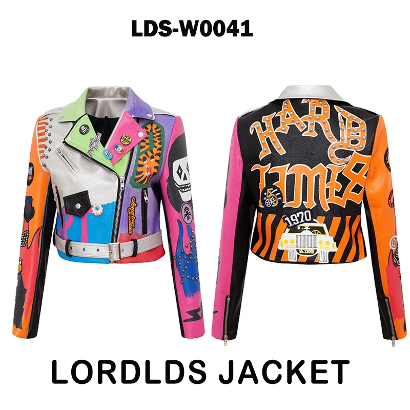 white bubble coat LORDLDS Red Leather Jacket Women Graffiti Colorful Print Moto Biker Jackets and Coats PUNK Streetwear Ladies Clothes waterproof parka Coats & Jackets