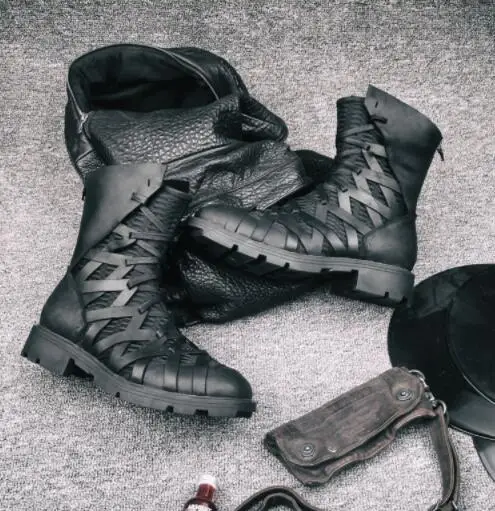 

Autumn winter men's retro half boots Genuine Leather Cross strap Thick bottom boots fashion high-top Martin boots wholesale