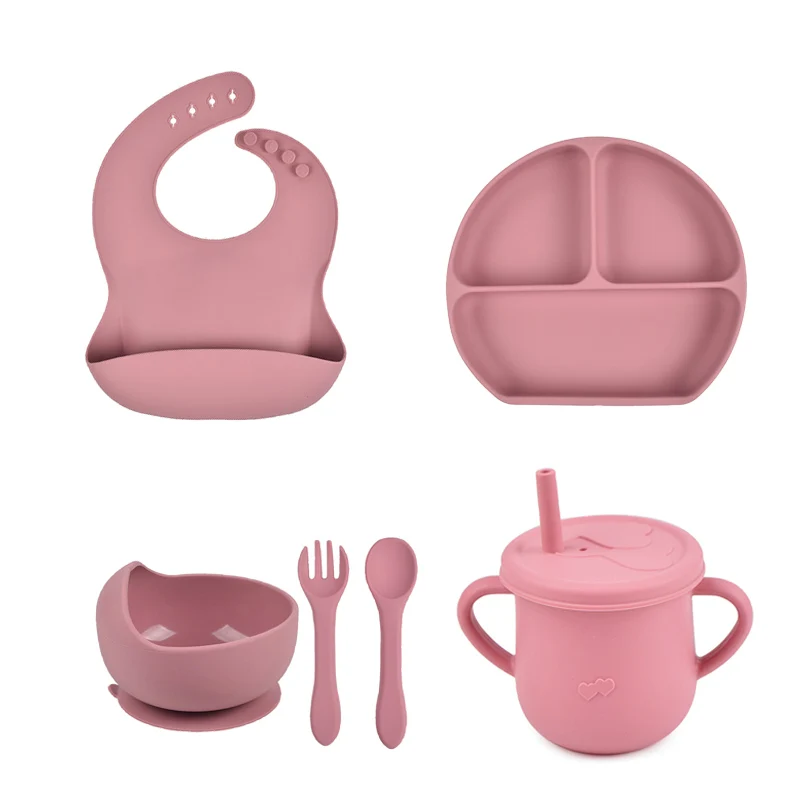 6pcs-baby-silicone-tableware-cup-bowl-plate-tray-bibs-spoon-fork-sets-children-non-slip-feeding-bpa-free-dinnerware-dinner