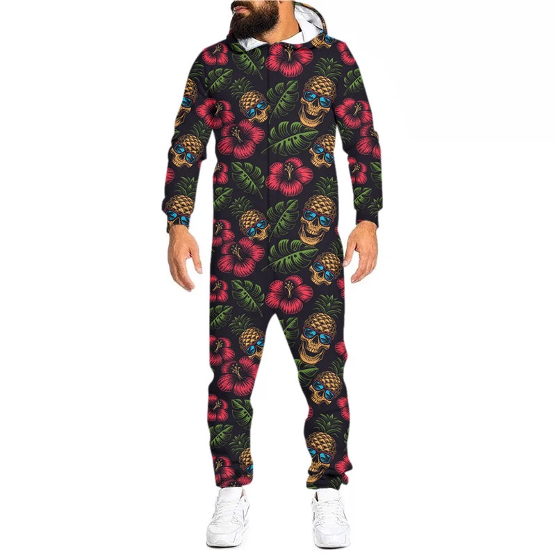 Long Sleeved Jumpsuits 3d Floral Flower Skulls New Novelty Horror Element Gothic Style Casual Suitable Men's Home Clothing OGKB