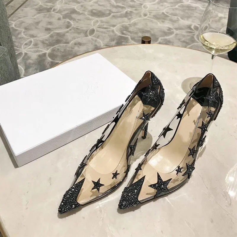 

Transparent thin heel PVC rhinestone sandals sexy color matching transparent thin heel high heel star wild crystal women's shoes