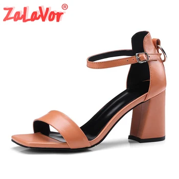 

ZALAVOR Summer Women Sandals Genuine Leather Solid Color Buckle High Heels Shoes Simple Daily Club Women Footwear Size 34-42