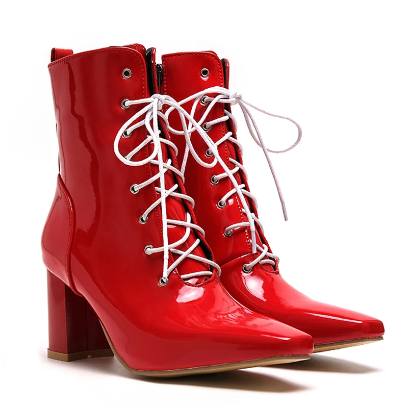 

Patent Leather Thick Heel Winter Simple All-Match Solid Color Short Boots With Pointed Toe High-Heeled Cross Strap Women's Boots