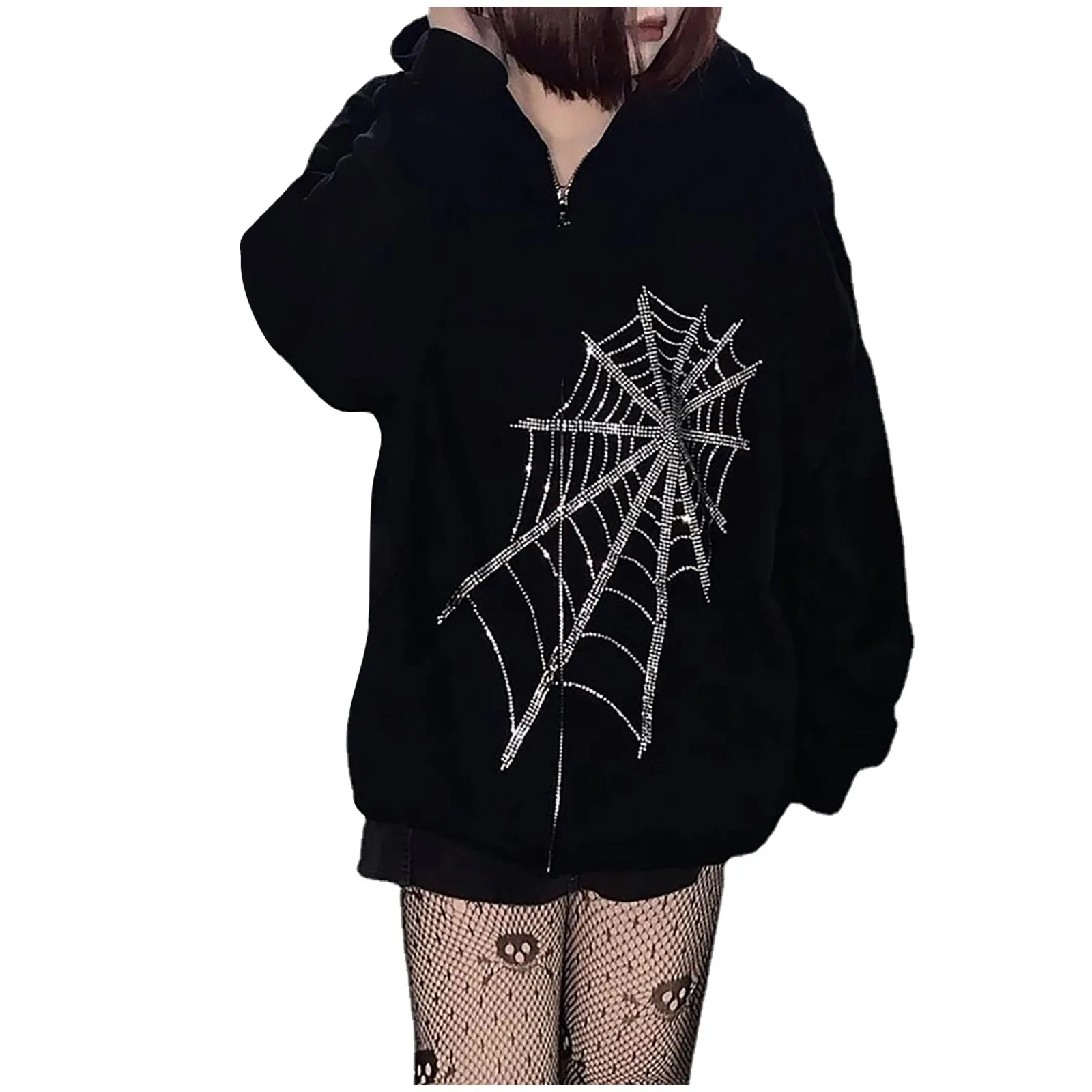 Oversized Women Hoodies Y2k Rhinestone Spider Printed Long Sleeve Pullovers Top Harajuku Autumn Hooded Sweatshirts Sudadera 2