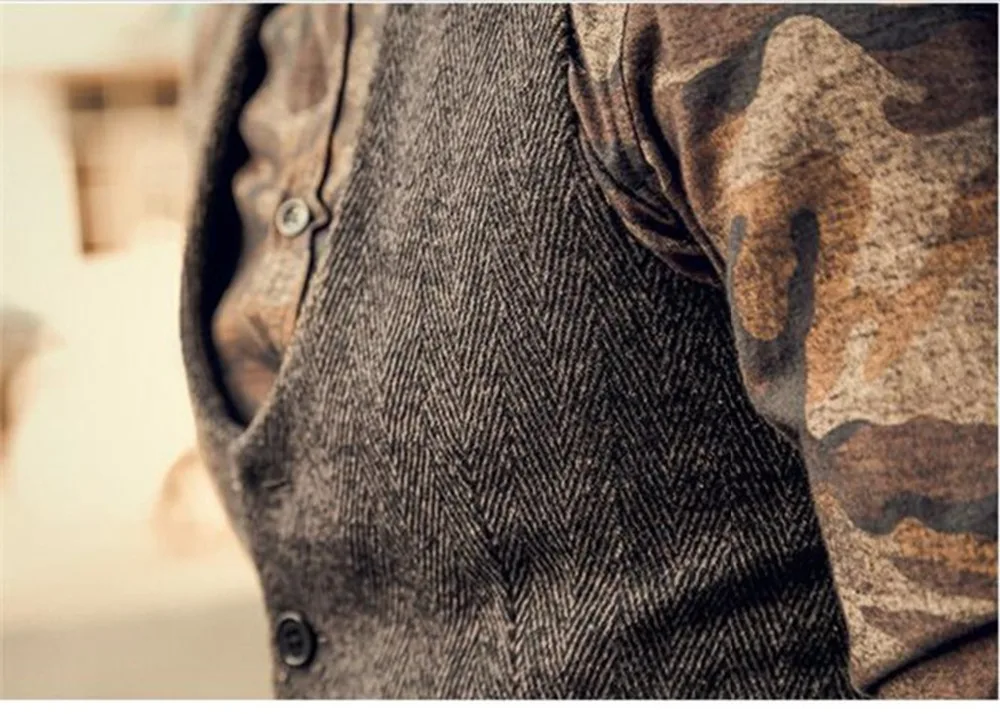 2022 Brown Men's Casual Herringbone Pattern Suit Vest Wool/Tweed Suit Vest U-neck Waistcoat Groomsmen For Wedding 5
