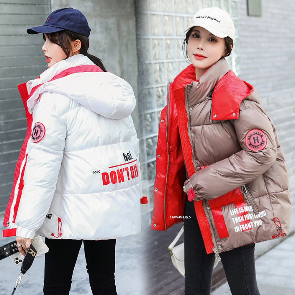 Abrigo acolchado corto algodón con letras estampadas para mujer, parka acolchada con capucha, parka para invierno y otoño, novedad de 2021|Parkas| - AliExpress