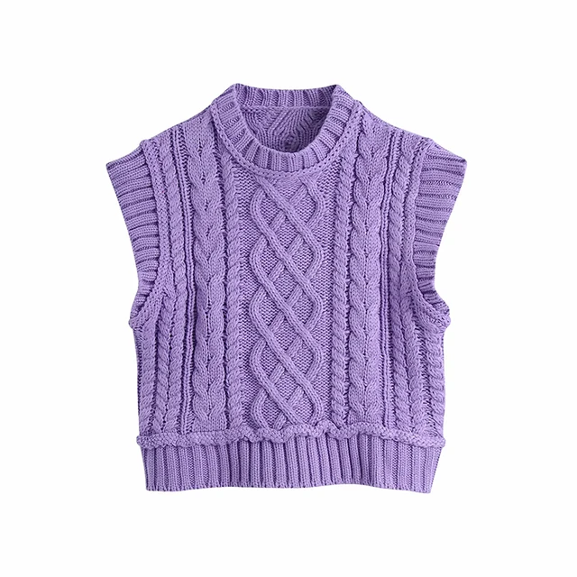 MosiMolly Pretty Pink Sweater Vest Women Cable Knit Sleeveless Knits Jumper Pullovers Sweater Cropped Sweater Tank Purple
