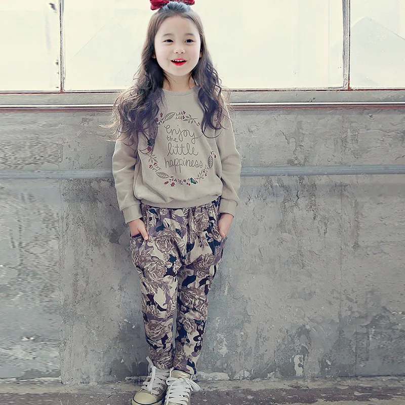 

Spring Fall Girls Clothing Set 2019 New Casual Cotton Kids Clothes for Girl Letter Prints Shirts Flower Pants 2pcs Kids Costume