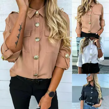 

New 2019 Women Autumn Long Sleeve Loose Button Shirt Lady Casual Plain Solid Color Office Work Shirt Plus Size