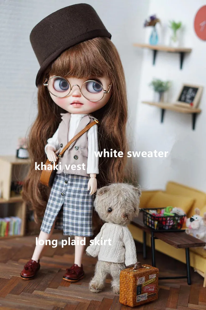 white sweater Кукольный свитер кукла клетчатая юбка жилет на куклу(подходит для Блит, личка, Момоко, азон, пульлип, 1/6 кукла - Цвет: white sweater