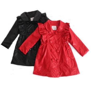 

Girls pu Jackets 3-12 year old faux leather Long coat for kids Metal buckle belt double breasted spring and autumn trench