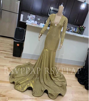 

Long Prom Dresses 2020 Elegant Real Picture Glitter Long Sleeve V-neck Gold Mermaid African Girl Prom Gowns