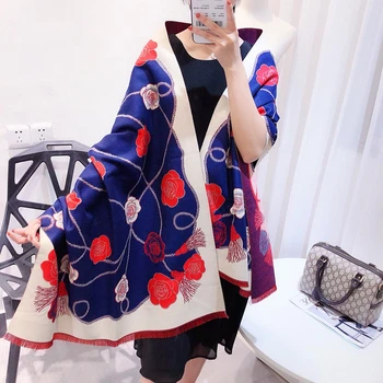 

High quality scarf women плед shawl long dual-purpose scarf thickened imitation plus velvet camellia fringe wrap blanket shawl