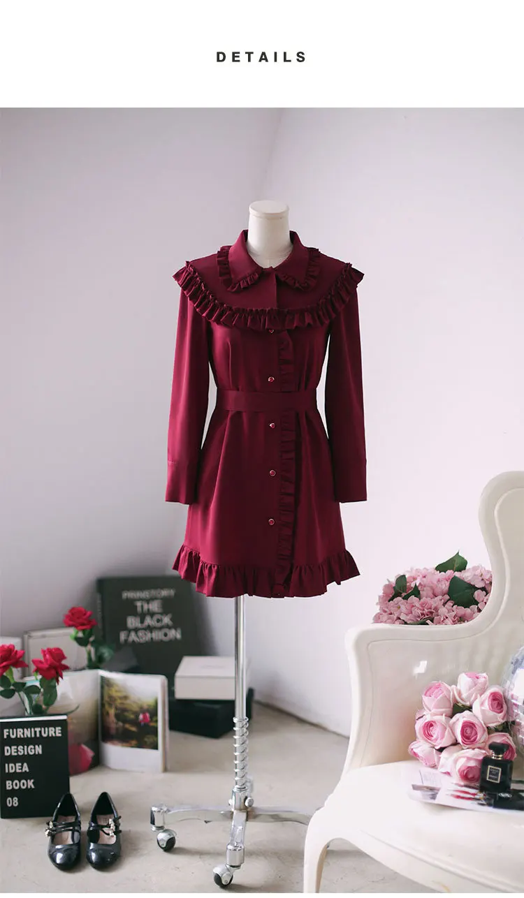 Spring Clothing Frilled Fold-down Collar Single Breasted Slim Fit Long Sleeve Lace-up Dress Bow Fairy Skirt