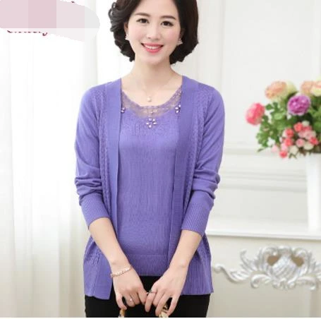 Осень осень зима мать из двух частей набор blusa tricot женщин среднего возраста вязаный свитер Женский Плюс Размер кардиганы S1117