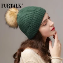 FURTALK, зимние шапки из кроличьего меха для женщин, Шапка-бини, теплая шапка из искусственного меха с помпонами, вязаная шапка из ангорской кроличьей шерсти Skullies для женщин