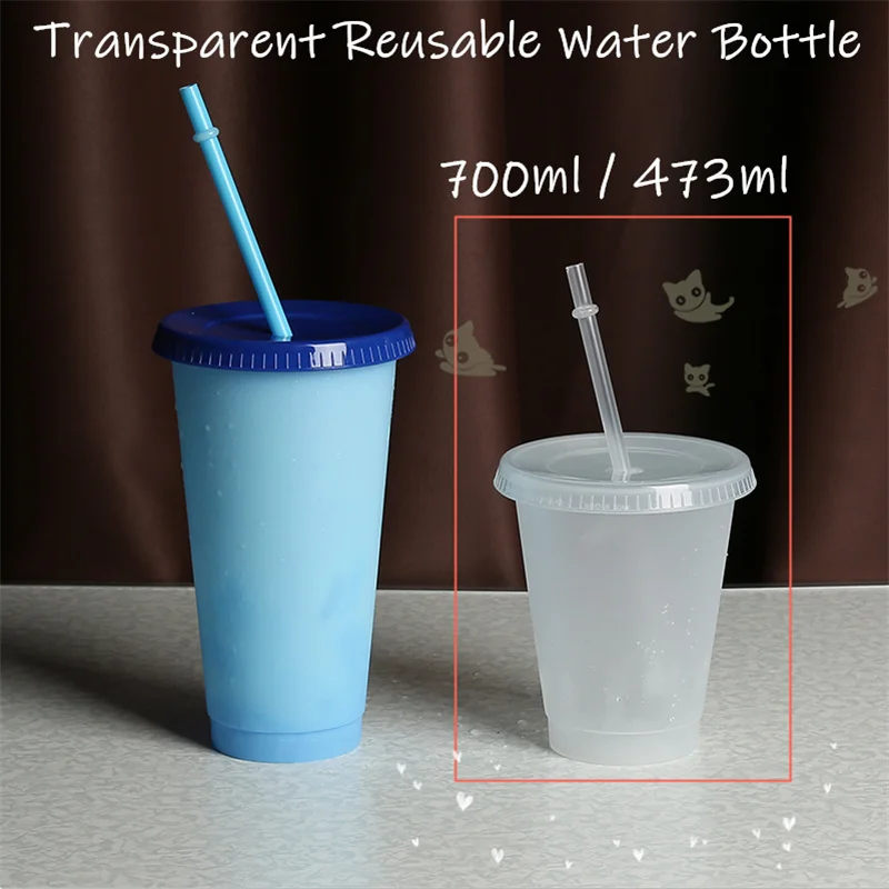 5Pcs Transparent Reusable Water Bottle Temperature Color Changing Cup With Lid & Straw Plastic Cold Sport | Дом и сад