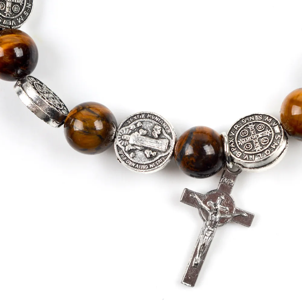 KOMi Occhio di Tigre In Rilievo dei Braccialetti Del Rosario di Religione Cattolica In Lega di Zinco di Cristo Gesù Croce Pendente di Preghiera Dei Braccialetti Collana R-374