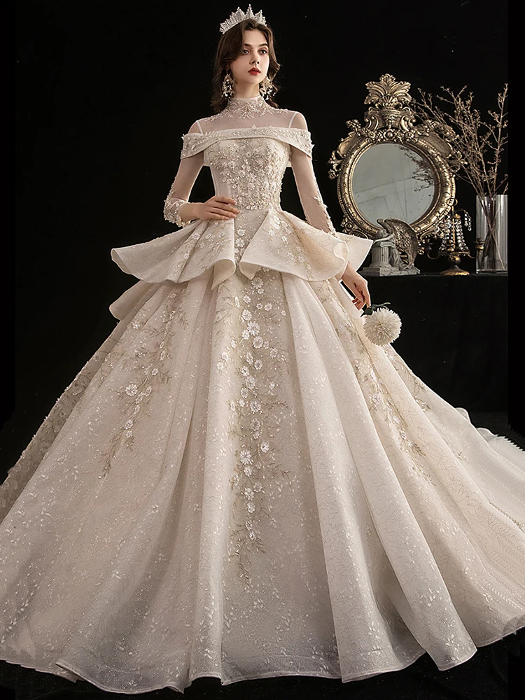 High Quality Wedding Dress 2020 Luxury Bridal Dress Gorgeous Shiny Beadwork Handwork Flower Cathedral Train Vestido De Noiva High Quality Wedding Dress 2020 Luxury Bridal Dress Gorgeous Shiny Beadwork Handwork Flower Cathedral Train Vestido De Noiva