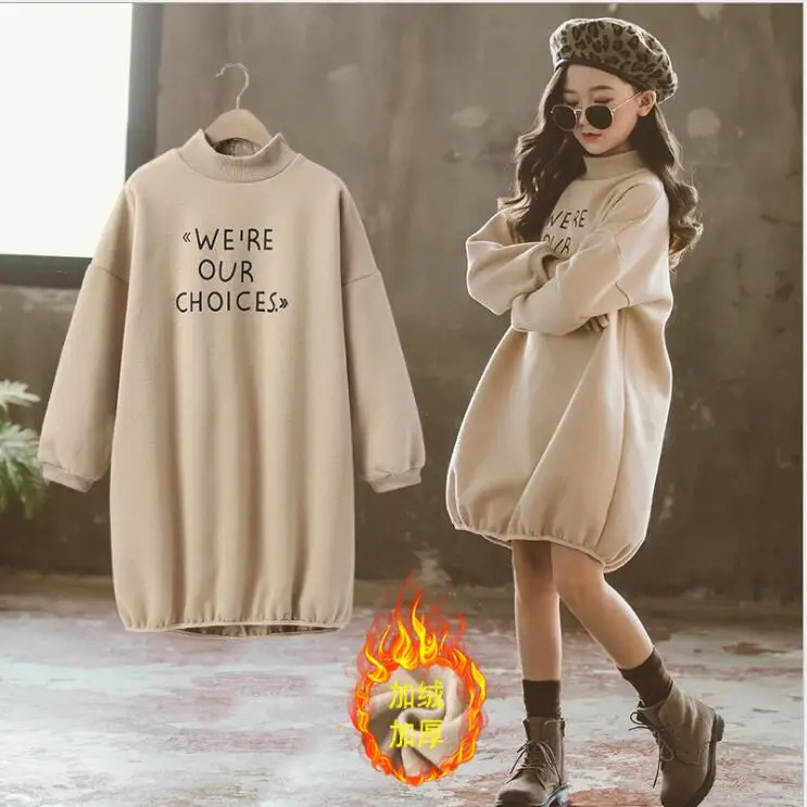 Детские платья для девочек-подростков; зимнее плотное детское теплое платье; хлопковое свободное платье принцессы с длинными рукавами и надписью; повседневная одежда