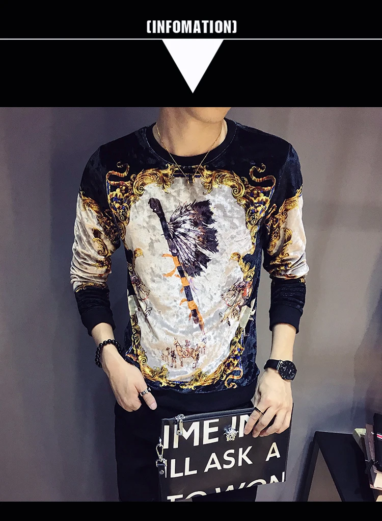 Vintage T Shirts Men Printing T Shirt Homme Club Outfit Men Long Sleeve O Neck Velvet T Shirt Autumn Luxury Men T Shirt