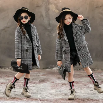 

Girls' coats 2019 autumn and winter Korean version of the gray plaid houndstooth coat in the big children's woolen coat