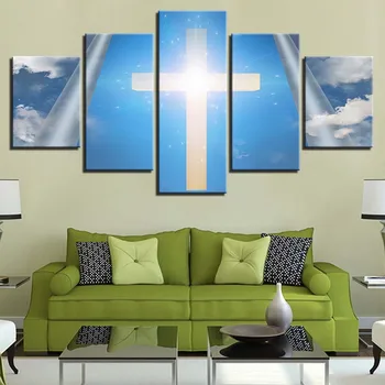 

Canvas Wall Art Poster Home Decor Pictures 5 Pieces Christian Cross Sky Landscape Jesus Paintings Modular HD Prints