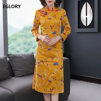 

2019 Autumn Fashion Qipao Dress High Quality Women Exquisite Embroidery Long Sleeve Bodycon Sheath Vintage Dress Yellow Red XXL