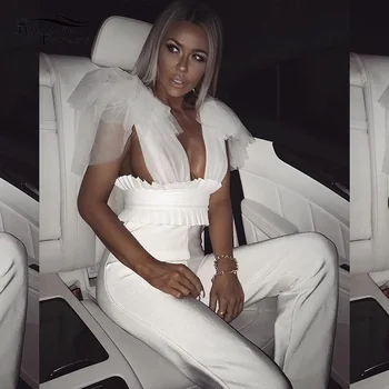 

Bonnie Forest Elegant Ruffled Mesh Patchwork Long Pants Jumpsuit Runway Womens Sleevele Bodycon PU Leather Romper Party Catsuit