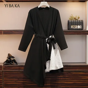 

2020 autumn winter new long sleeve V neck striped dress plus size 5XL women dress elegant vintage patchwork female vestido