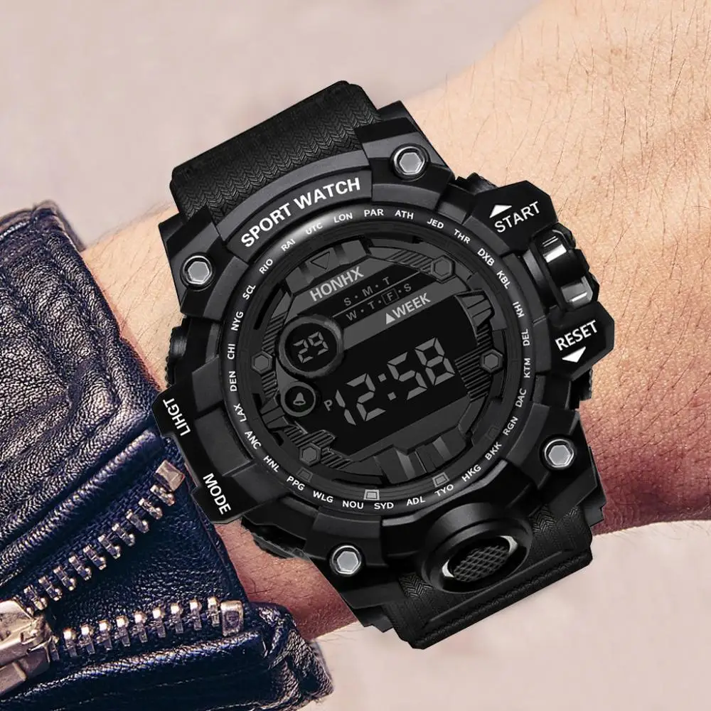 

2019 New Luxury Mens Digital LED Watch Digital Date Alarm Waterproof Sport Men Outdoor Electronic Watch Clock reloj hombre Q4
