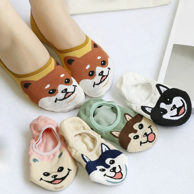 Весна лето новые женские хлопковые носки Мультяшные собачий силиконовый Нескользящие невидимые носки женские короткие носки