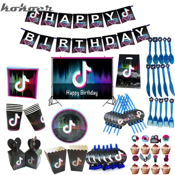 

Hot tiktok Theme Party Decoration Tableware Paper Cup Plate Napkins Tablecloth Baby Shower Balloons Kids Birthday Party Supplies