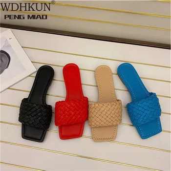 

Women's Flat Slippers Plaited Fashion Square Toe Woman Shoes Lattice Ladies Slides Casual Comfort Open Toe Female Mules Summer