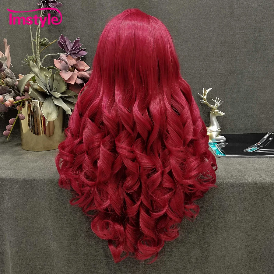 Imstyle Red Wig Long Synthetic Lace Front Wig Natural Wavy Cosplay Wigs For Women Heat Resistant Fiber White Brown Lace Wigs image_1