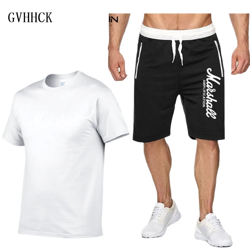 white Футболка+ шорты наборы мужские летние костюмы Повседневная мужская футболка Marshall спортивные костюмы брендовая гитара Герой хард рок одежда топы тройники набор мА - Цвет: white