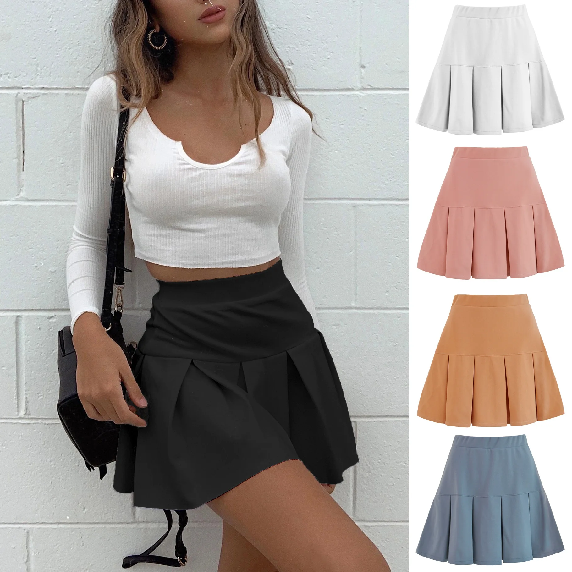 Solid Color Pleated Skirt High Waist 
